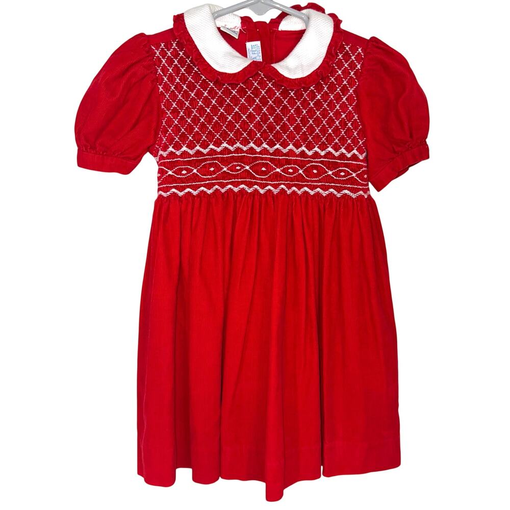 Vintage Vive La Fete Girls Red Hand Smocked Corduroy Peter Pan Collared Dress 3T